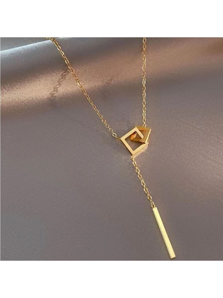 Gold Plated Stainless Steel Geometric Square Bar Lariat Necklace